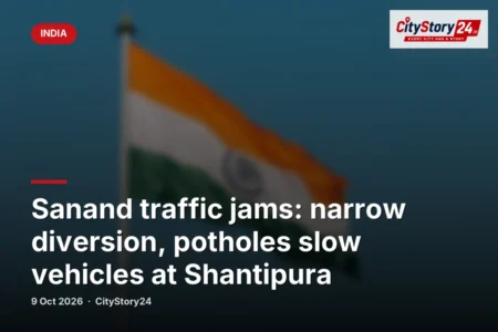 Sanand traffic jams: narrow diversion, potholes slow vehicles at Shantipura
